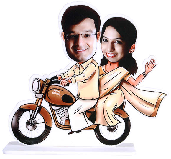 Couple on Royal Enfield Bike Caricature